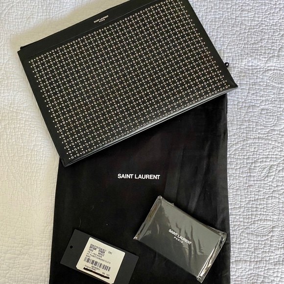 Yves Saint Laurent Accessories - NEW YSL POUCH CASE BLACK LEATHER W SILVER GROMMETS